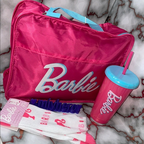 Barbie Accessories - 3pc Barbie Travel Set with Pink Travel bag, Tumbler and Socks